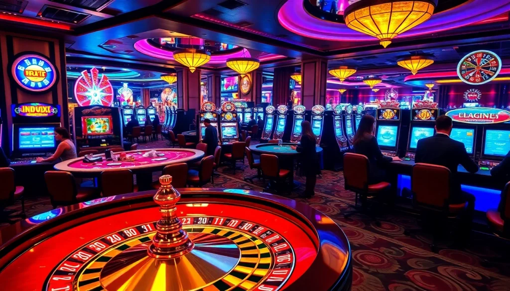 Exciting casino scene with players betting at roulette and slot machines, showcasing indoxxi gaming experience.
