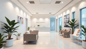 モダンなクリニックの受付エリアで紹介される医療脱毛のお勧め。清潔で居心地の良い雰囲気を強調。