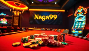 Naga99 casino scene with vibrant poker chips, cards, and slot machines reflecting excitement.