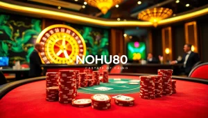 Players enjoy a thrilling poker game at NOHU90 casino, showcasing excitement and elegance.