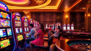 Para pemain menikmati permainan slot pulsa di kasino yang meriah dengan mesin-mesin berwarna-warni dan aksi yang dinamis.