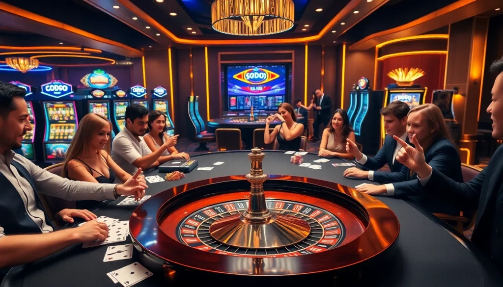 SODO66 players experiencing high-stakes excitement at a luxury casino table with vibrant roulette.