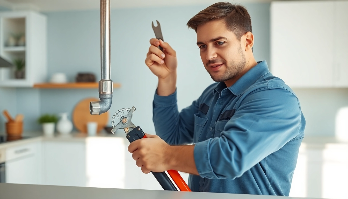 Experienced plumber knightdale repairing a pipe in a bright kitchen, showcasing professionalism and trust.
