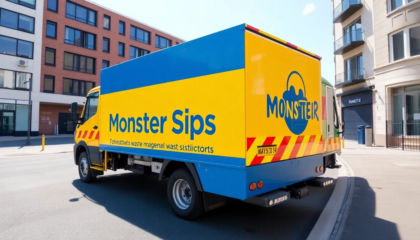 Monster Skips brand vehicle in urban setting showcasing waste management services.