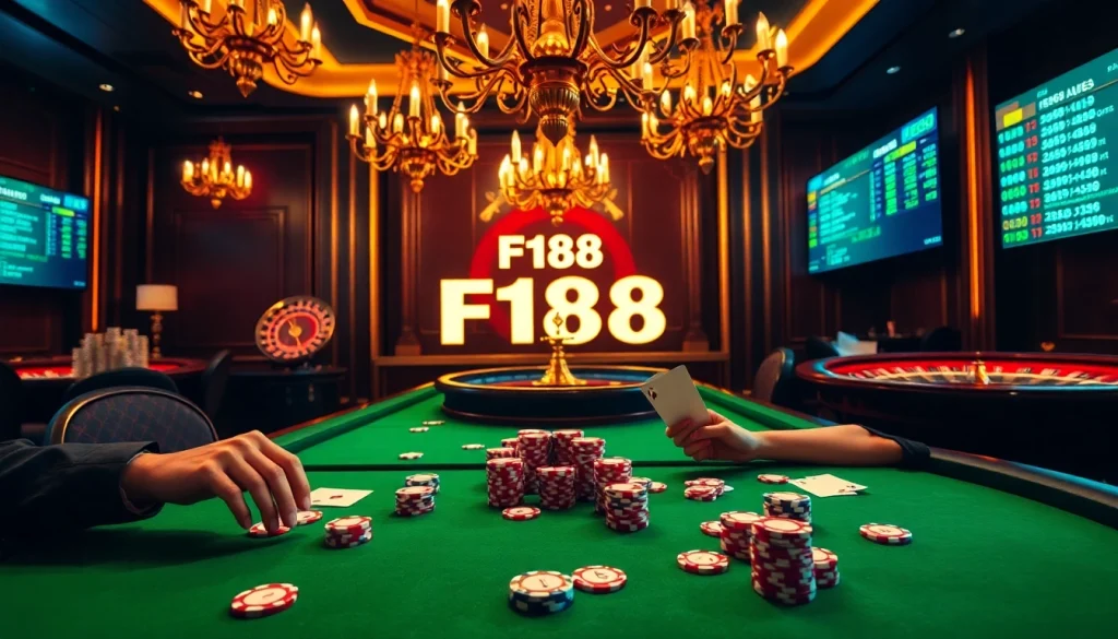 Engaging scene at F168 casino showcasing excitements of poker and roulette games.