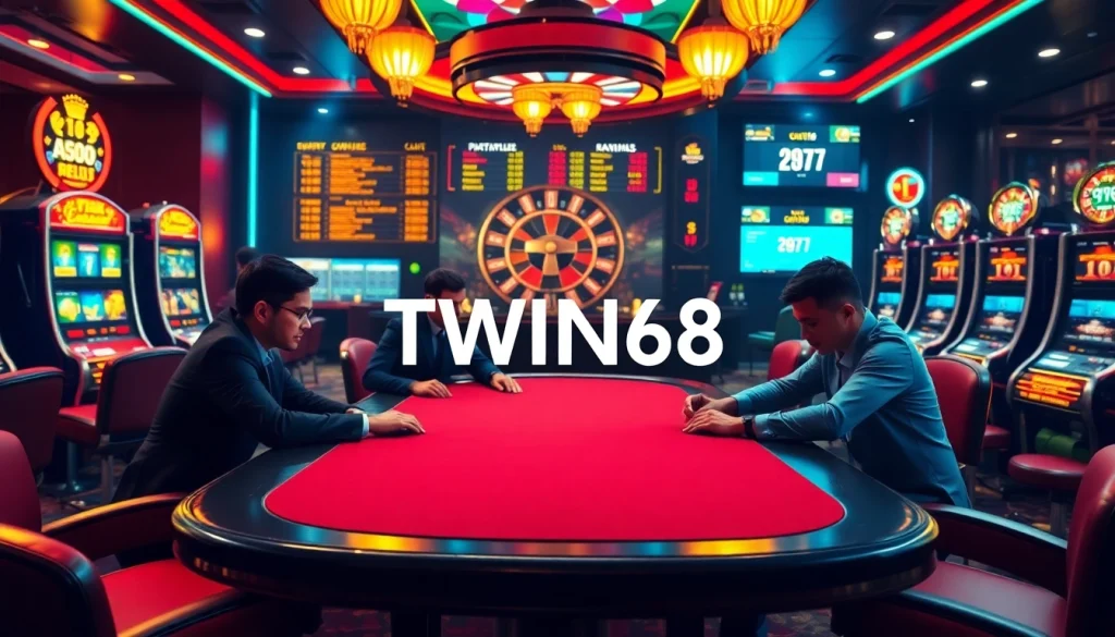 TWIN68 presents an exciting poker game experience surrounded by vibrant slot machines.