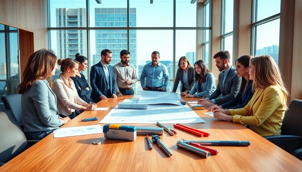 Construction association professionals collaborating in a modern meeting setting.