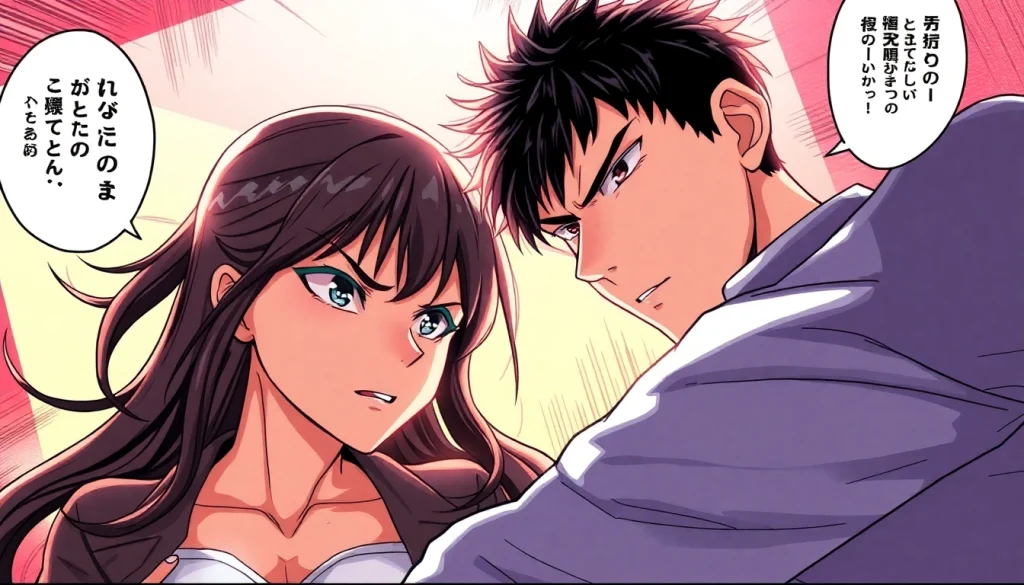 ダイナミックなキャラクターと漫画風の要素を特徴とする、わからせタイトルマッチ! の迫力ある瞬間。