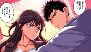 ダイナミックなキャラクターと漫画風の要素を特徴とする、わからせタイトルマッチ! の迫力ある瞬間。