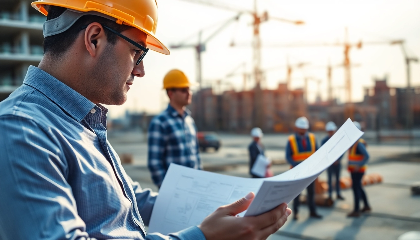 Commercial building developer analyzing blueprints at a construction site, showcasing teamwork and professionalism.
