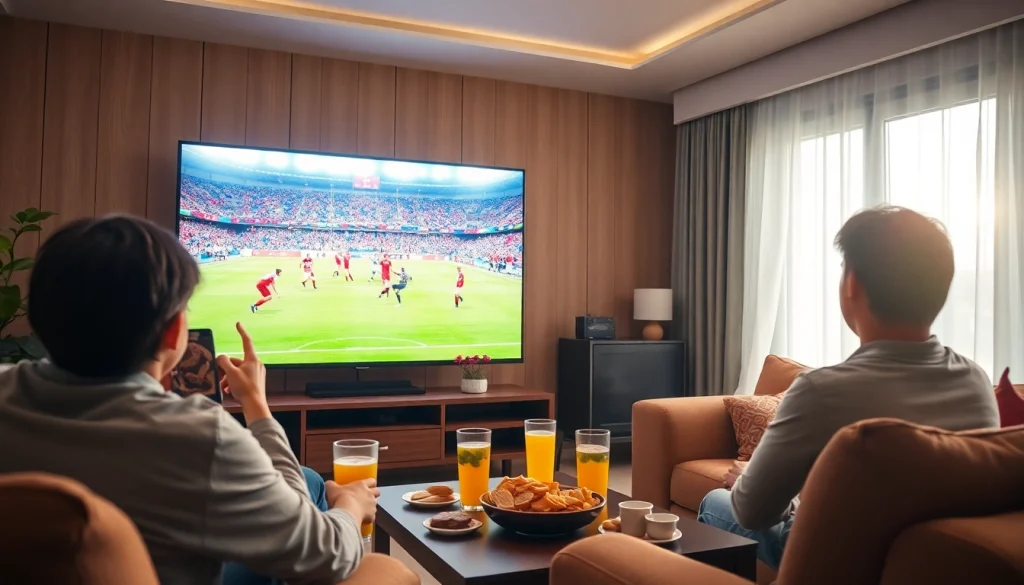 토토스토리 fans enjoying high-definition live sports in a cozy living room.