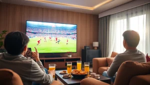 토토스토리 fans enjoying high-definition live sports in a cozy living room.