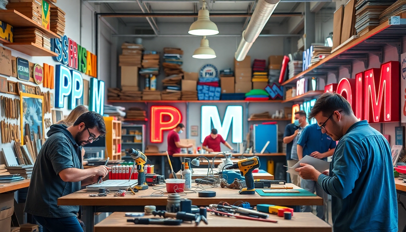 Crafting custom pm signs in a vibrant workshop with skilled artisans at work.