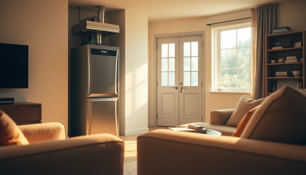 Trane furnace dealer showcasing a modern, energy-efficient furnace installation in a cozy living room.