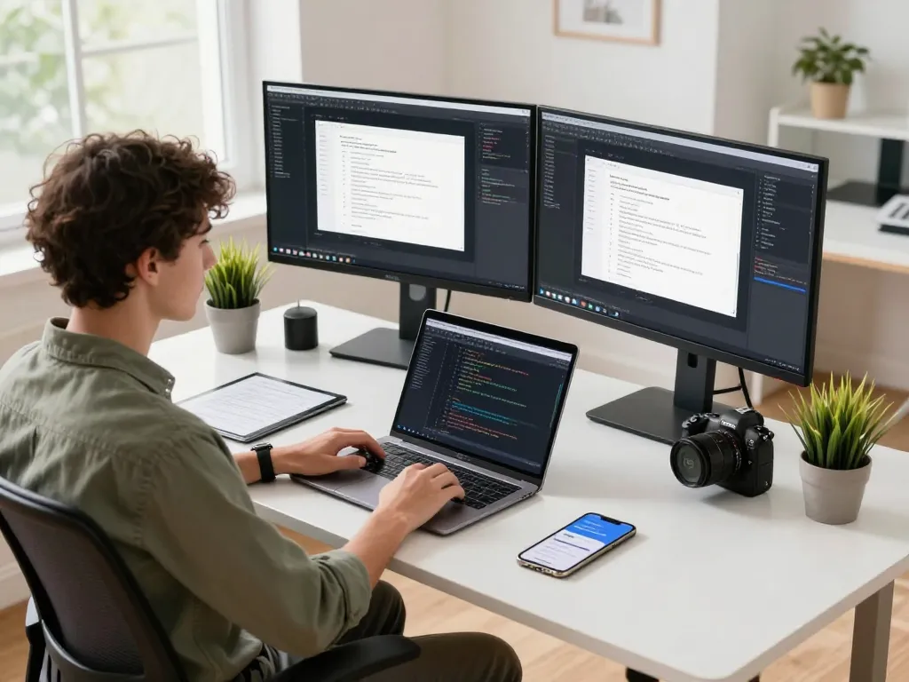 开发者在现代工作空间中使用谷歌浏览器在多个屏幕上进行编码。