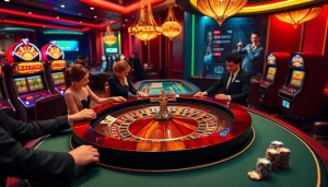 Experience the thrill of kg88 with an engaging casino scene featuring a roulette table and eager players.