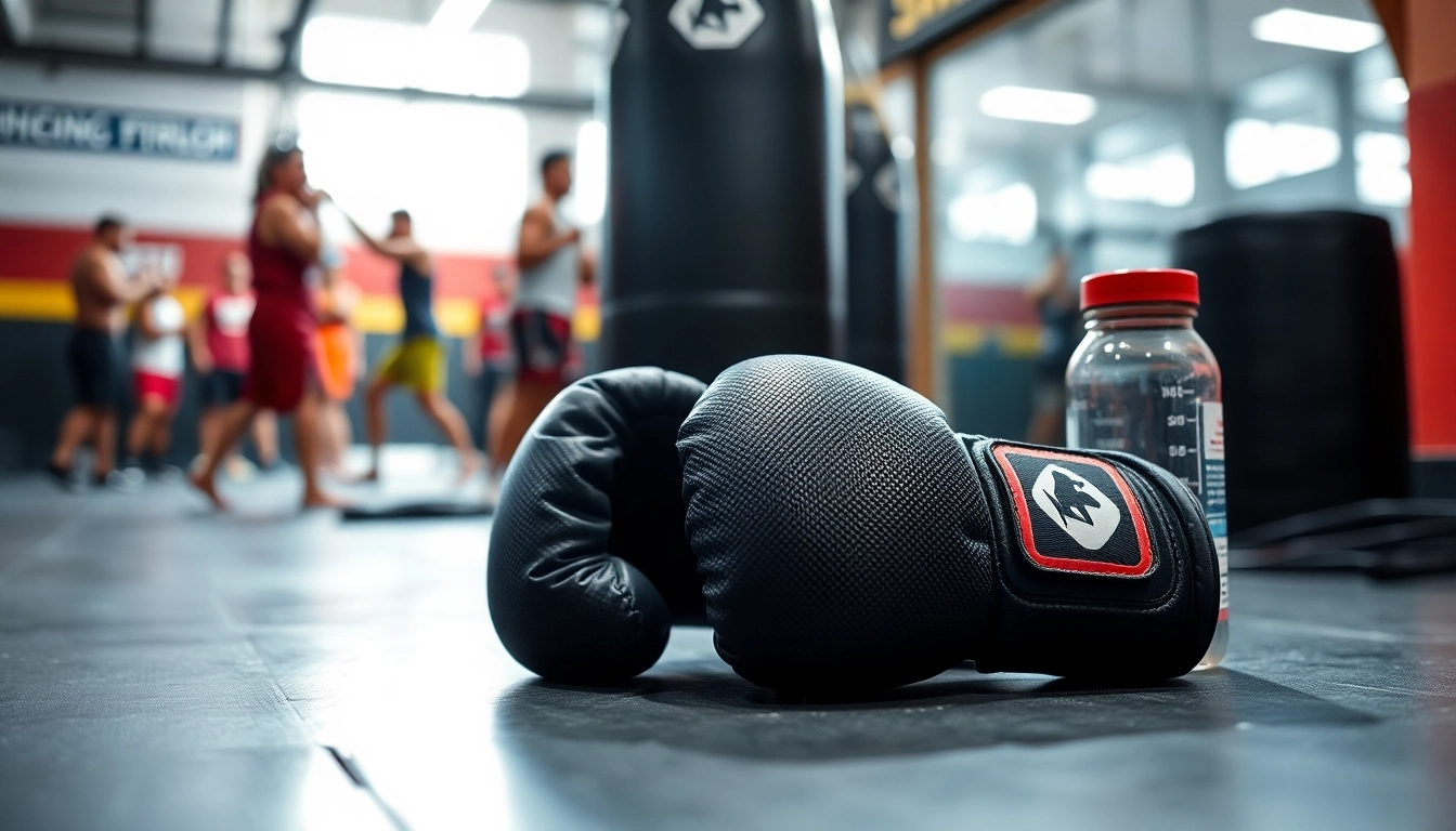 MMA gloves with textured surface showcased on a gym floor surrounded by training gear.