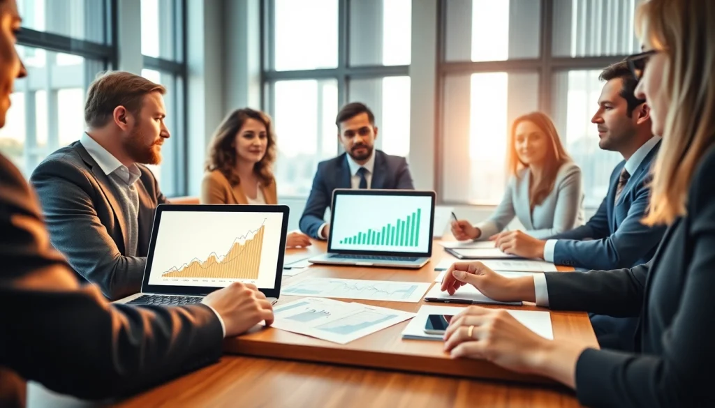 Investors discussing benefits of luxembourg holding at a business meeting table.