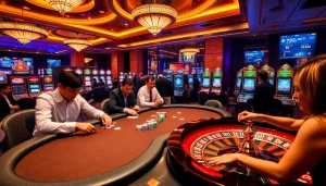 Players enjoying a thrilling QQ88 casino experience with poker, roulette, and slot machines.