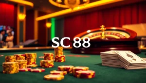 Exciting gaming scene featuring SC88 poker chips and roulette wheel in a luxurious casino.