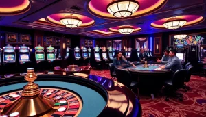 Engaged players at a vibrant casino table featuring nhà cái C168 poker chips and roulette wheels.