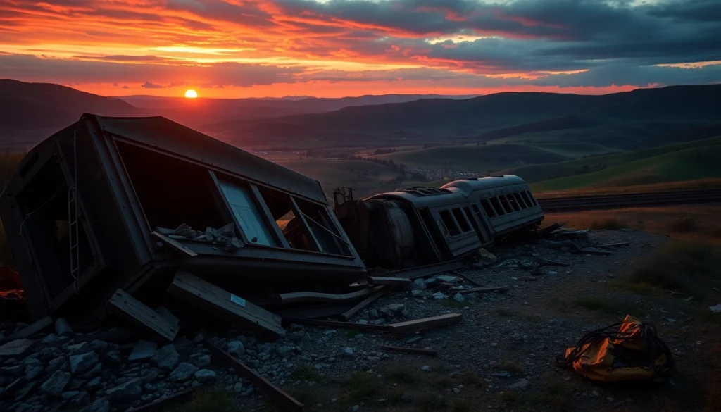 Scene of spain train crash with crumpled cars and sunset in the background.