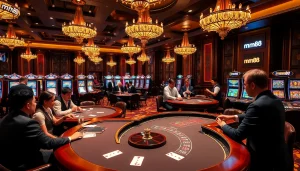 Engaged players enjoying poker and roulette at the luxurious mm88 casino.