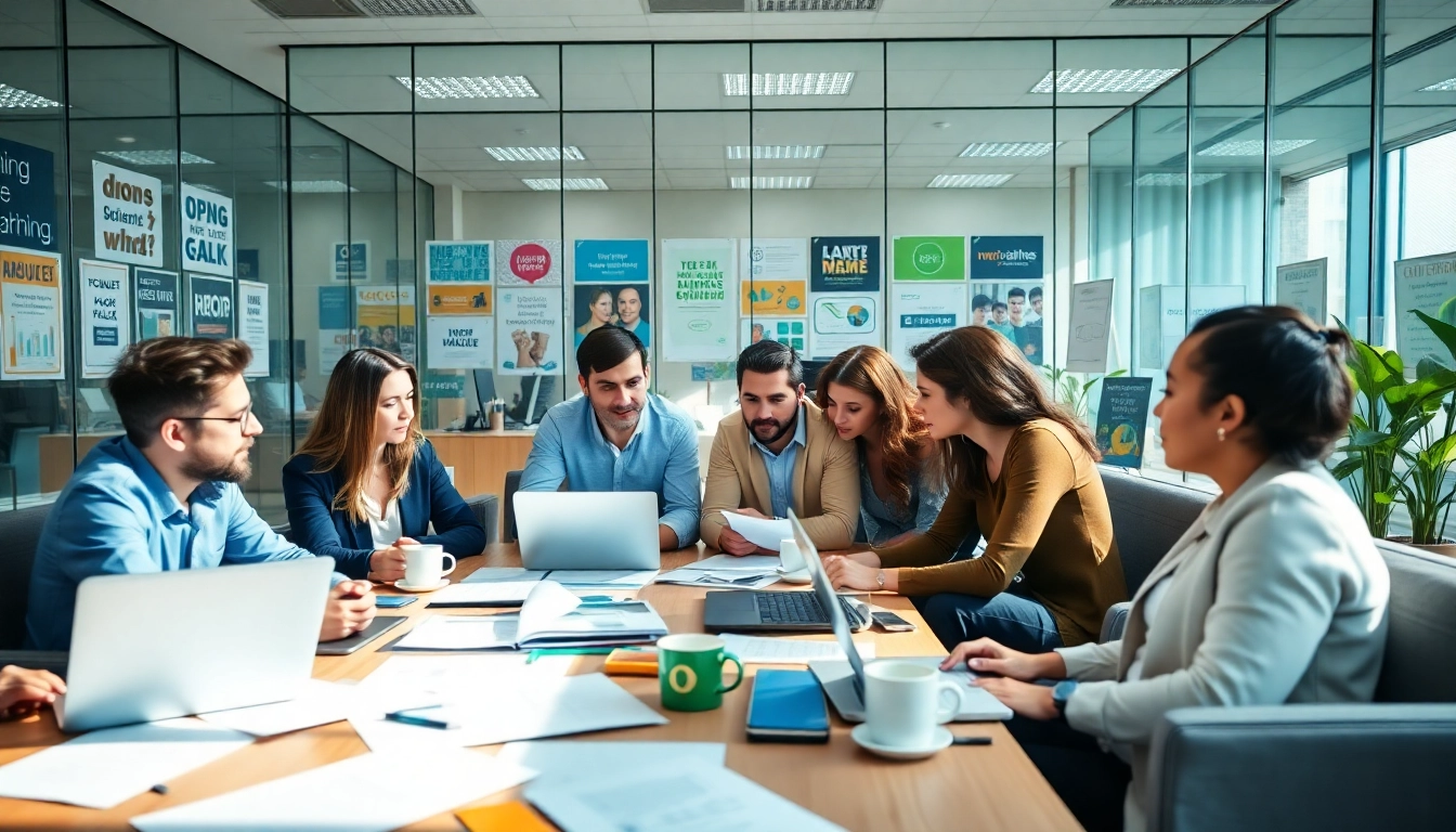 Engaging scene at a press release agency showcasing a collaborative team in a modern workspace.