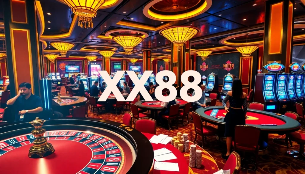 Winning moments at XX88 casino with players at lively poker and roulette tables.