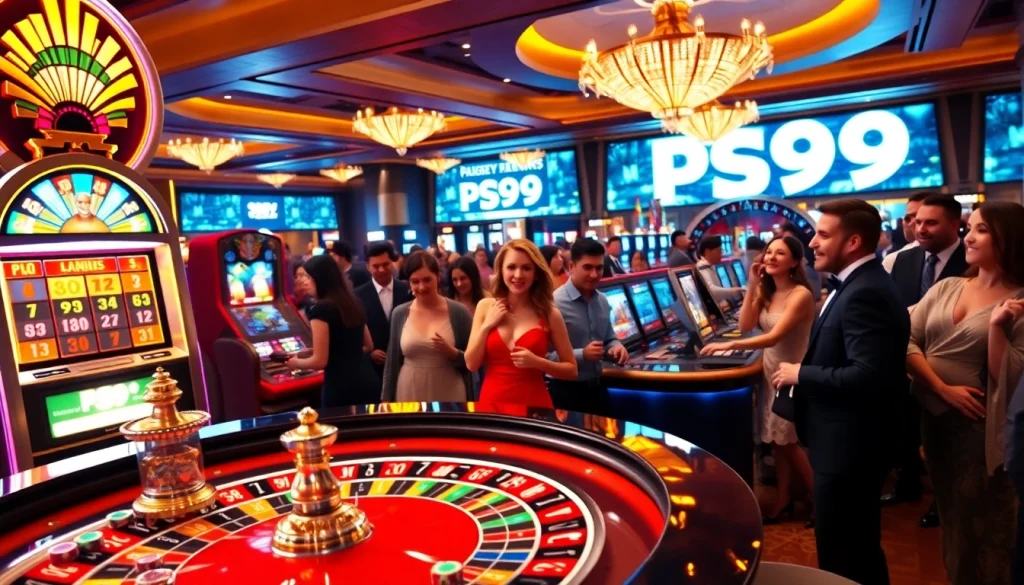 Players enjoying the excitement of gambling at PS99's luxurious casino tables with colorful chips and roulette.