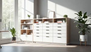 See a modular drawer cabinet stylishly organized in a modern office setting.