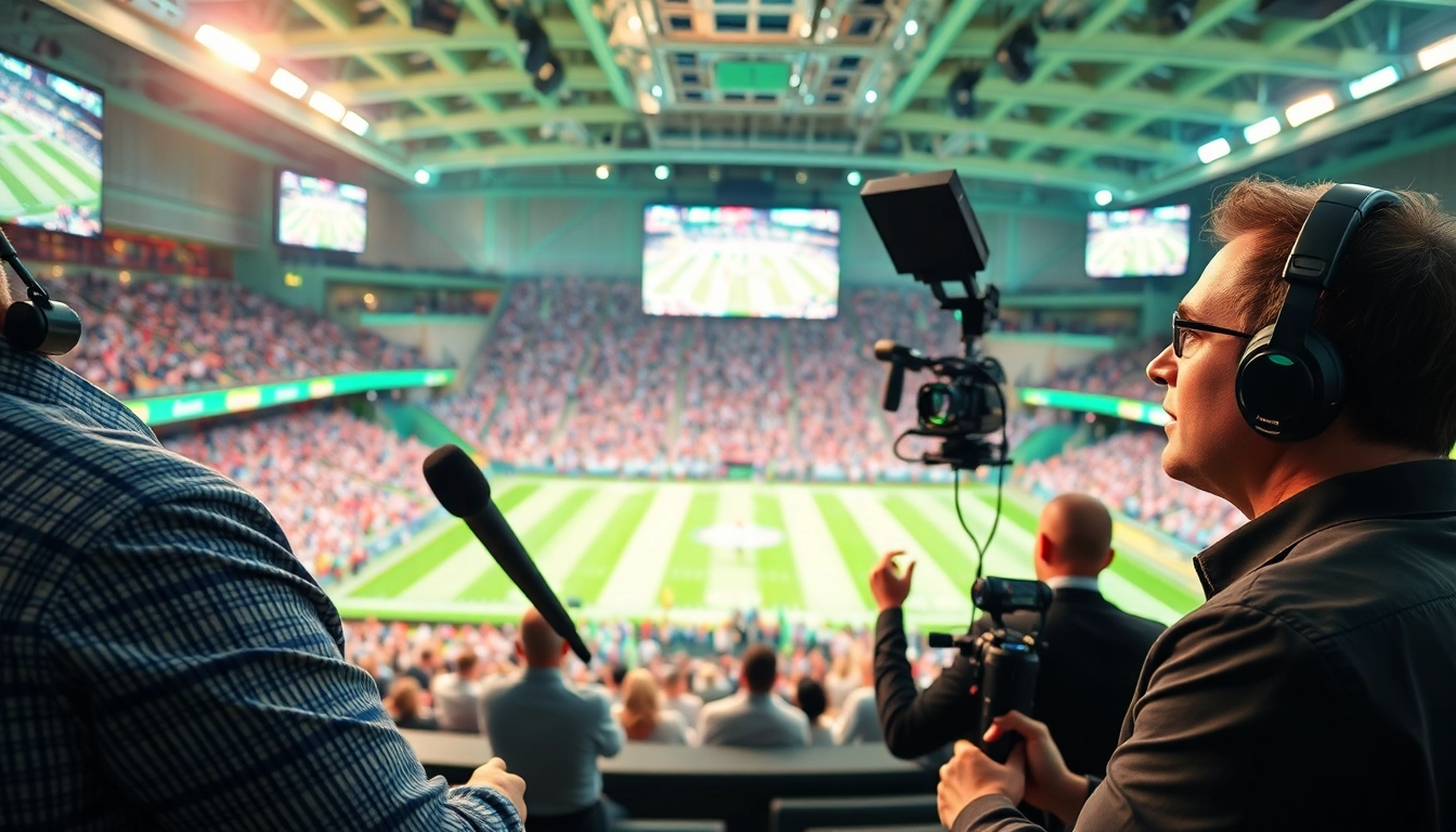 Engaging shot of sports broadcasting professionals capturing live sports events.