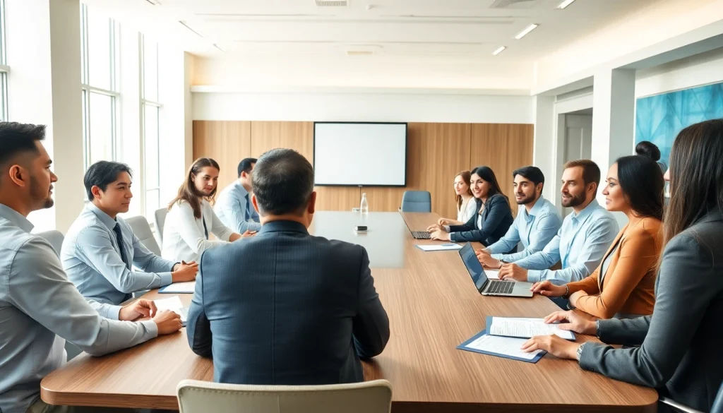 Engaged professionals discussing Federal and State contracts pre-post award compliance in a modern conference room.