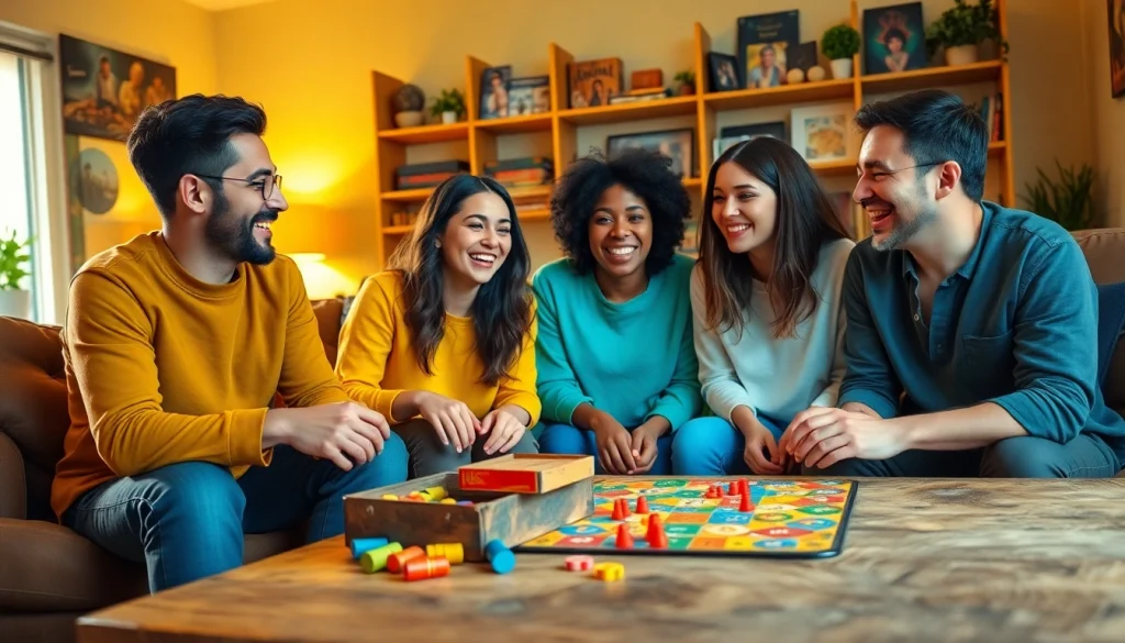 Friends enjoying creative games to play with friends, engaging in board games around a table.
