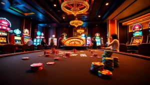 Participer à une scène vivante de casino en ligne avec des jetons de poker, des cartes, et une roulette.