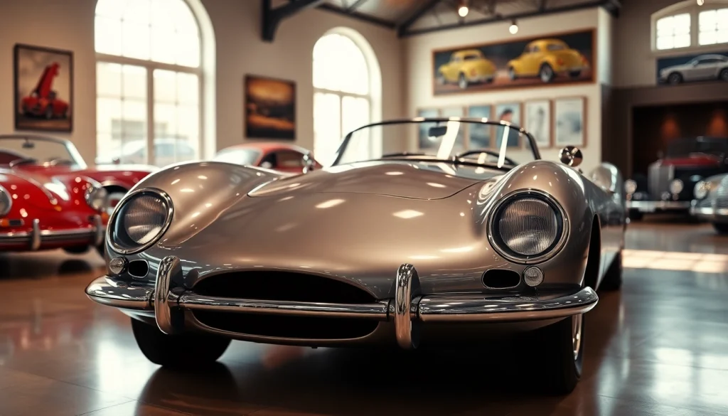 Admire the stunning PRA Classic Cars in a beautifully arranged showroom, featuring luxurious vintage designs.