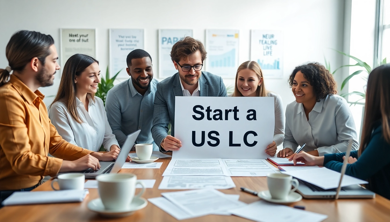 Entrepreneurs actively engaging to Start a US LLC in a bright office setting.