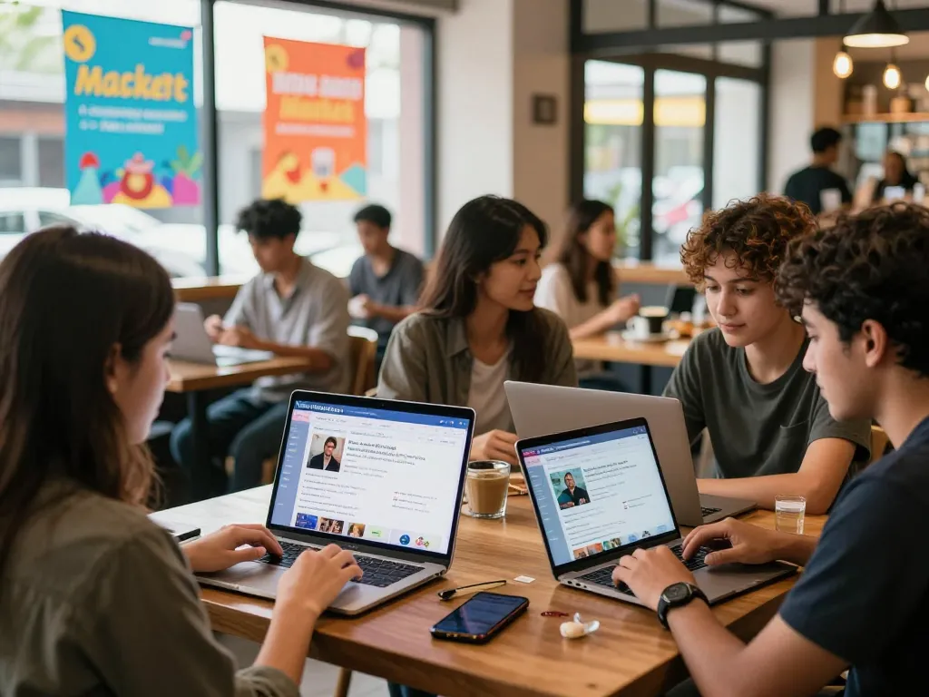 Engaging individuals using Lanka Ads in a lively coffee shop, showcasing community classifieds.