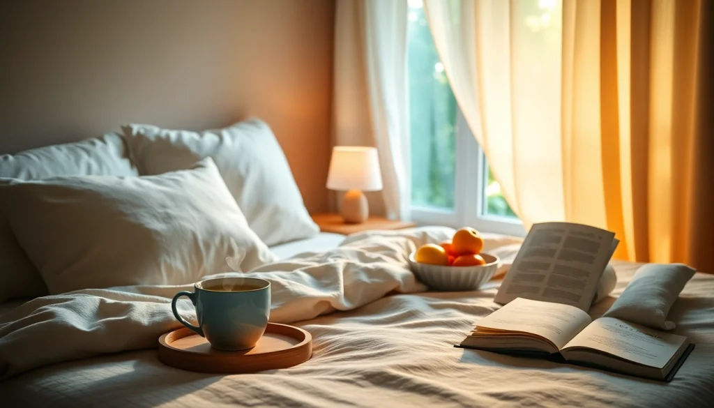 ハーブティー、果物、落ち着くインテリアを用いた、風邪を一晩で治す方法を示す心地よい寝室の情景。