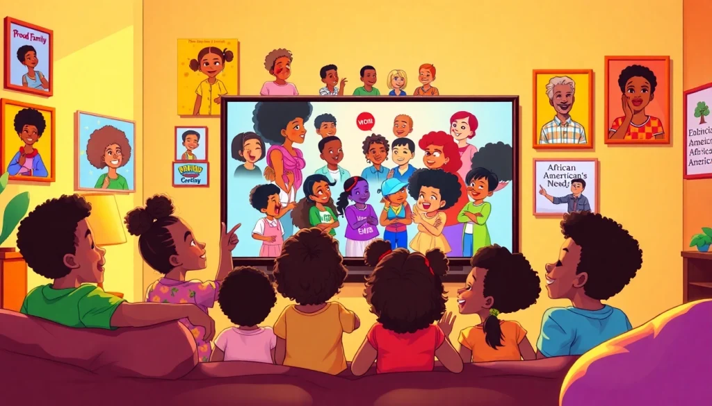 Diverse children enjoying African American cartoons together in a cozy living room.
