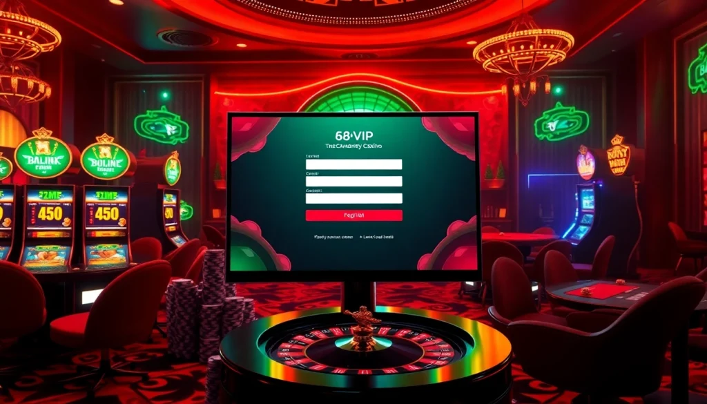 Registering for Đăng Ký Nhà Cái 68VIP through a luxurious online casino platform with vibrant colors and engaging visuals.