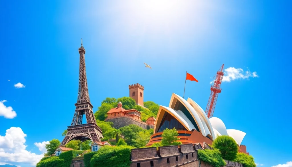 Travel through round the world destinations showcasing iconic landmarks in a vibrant scene.