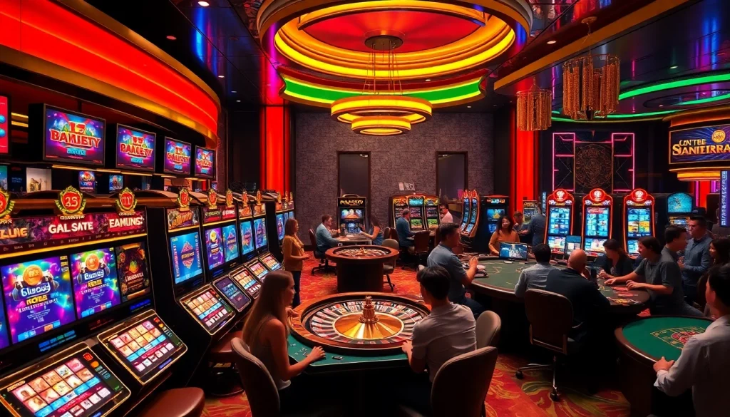 Experience the thrilling action at LV88 with vibrant slot machines and engaged players.