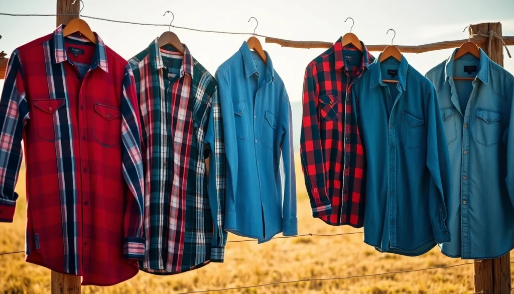 Shop stylish cowboy shirts Canada featuring vibrant designs in a rustic ranch setting.