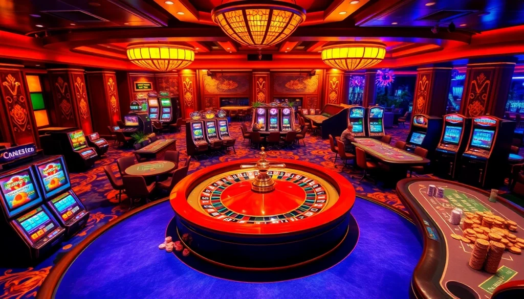 Nohu-themed casino scene with roulette and poker tables amidst vibrant gambling excitement.