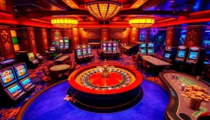 Nohu-themed casino scene with roulette and poker tables amidst vibrant gambling excitement.