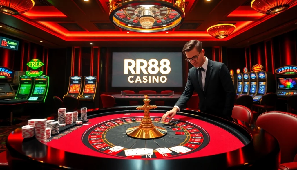 Betting at rr88 casino with vibrant roulette and poker elements.