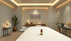 편안한 분위기와 우아한 장식이 어우러진 현대 스파의 울산마사지 치료 세팅.