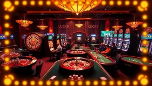 LUCK8 players enjoying a vibrant casino experience with roulette wheels and poker tables.