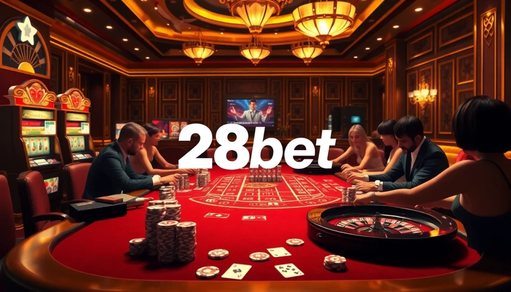 Experience the thrill of a casino with 28bet as players engage in lively gameplay at a beautifully set table.